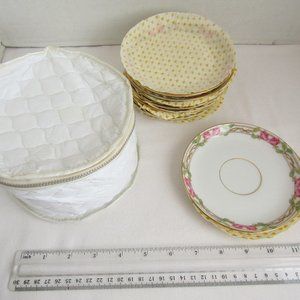 Vtg Wm Guerin & Co Limoges France Pink Plates Saucer Set w/ Padded Case, Doilies